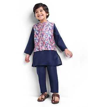 Babyhug Cambric Woven Full Sleeves Kurta Pyjama Set & Geometric Printed  Nehru Jacket  - Navy Blue
