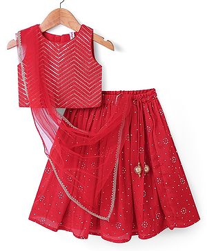 Babyhug Woven Sleeveless Foil Work &  Sequin Embroidered Choli Lehenga Set with Dupatta - Red