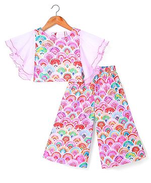 Babyhug Woven Flutter Sleeves Digital Printed Top & Palazzo Set - Pink & White