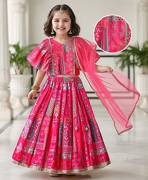 Babyhug Woven Flutter Sleeves Digital Printed Choli Lehenga Set with Dupatta & Lace Detailing - Fuschia