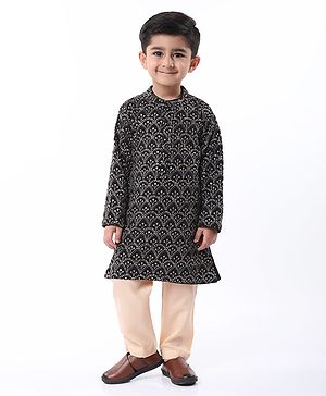 Babyhug Woven Full Sleeves Floral Sequine  Embroidered Kurta Pyjama Set - Black