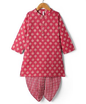 Babyhug Cotton Woven Full Sleeves Kurta Dhoti Set with Cambric Dhari & Floral Print -Red