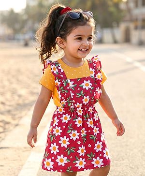 Babyhug Cotton Knit Frock & Half Sleeves Inner Tee With Floral & Polka Dot Print - Maroon & Mustard