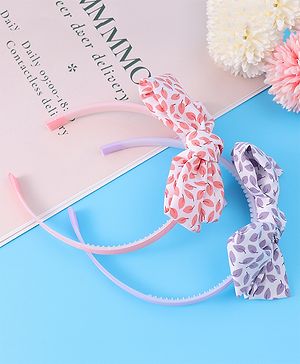 Pine Kids Hair Bands with Bow Applique & Leaves Print Pack of 2 - Pink & Purple
