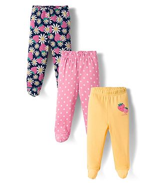 Babyhug Cotton Knit Full Length Diaper Leggings with Floral & Polka Dot Print Pack of 3 - Navy Blue Pink & Yellow
