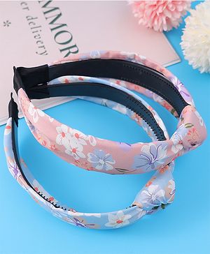 Pine Kids Hair Bands Knot Design with Floral Print Free Size Pack of 2 - Blue & Pink