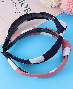 Pine Kids Hair Bands Bow Applique with Polka Dots Free Size Pack of 2 - Pink & Dark Blue