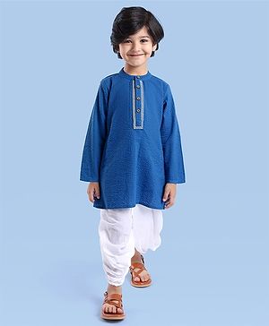 Babyhug Cotton Woven Full Sleeves Solid Colour Kurta & Dhoti Set with Lace Detailing - Blue