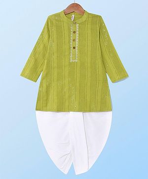 Babyhug Cambric Woven Full Sleeves  Front Pleated Kurta Dhoti Set - Limegreen