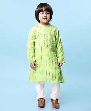 Babyhug Woven Full Sleeves Sequinned Embroidered Kurta Pyjama Set- Light Green