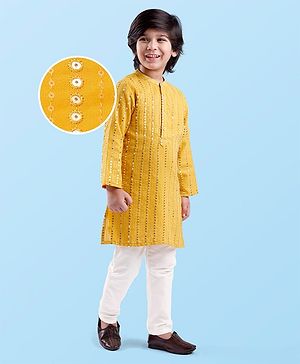 Babyhug Woven Full Sleeves Sequin Embroidered Kurta Pyjama Set - Yellow