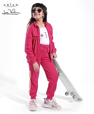 Arias Cotton Knit Full Sleeves Waffle Jacket & Joggers With Text Printed  Top  - Fuchsia