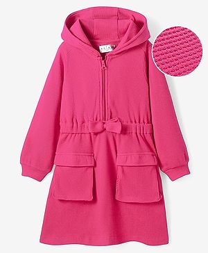 Arias Cotton Knit Waffle Full Sleeves Hooded Winter Dress With Bow & Pockets - Dark Pink