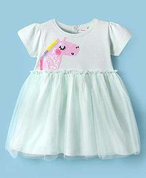 Babyhug Cotton Knit Half Sleeves Frock with Unicorn Sequin Detailing - Light Blue