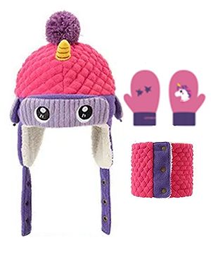 Little Surprise Box Unicorn Designed Winter Cap With Gloves & Muffler Set - Purple