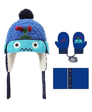 Little Surprise Box Robot Designed Winter Cap With Gloves & Muffler Set - Blue