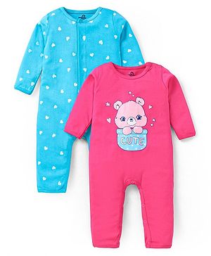 Doodle Poodle 100% Cotton Full Sleeves Heart & Bear Printed Romper Pack of 2 -Turquoise & Pink