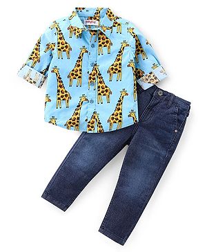 Babyhug Cotton Knit Full Sleeves T-Shirt & Denim Jeans Set With Giraffe Print - Sky Blue