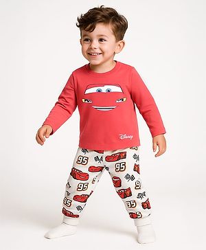 Babyhug Disney Single Jersey Knit Full Sleeves Night Suit With Cars Graphics - Red & White