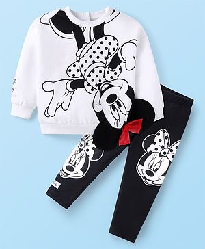 Babyhug Disney Single Jersey Knit Full Sleeves Sweatshirt & Leggings Set with Minnie Mouse Graphics Bow &  Badge Detailing - Black & White