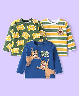 Babyhug Disney Single Jersey Knit Full Sleeves T-Shirts with Stripes & Chip N Dale Graphics Pack of 3 - Blue & Green