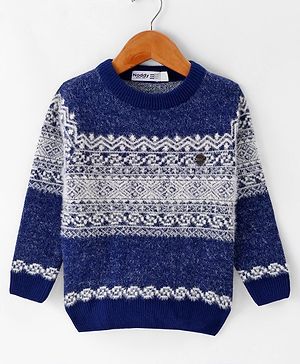 Noddy Cotton Full Sleeves Abstract Embroidered Sweater - Navy Blue