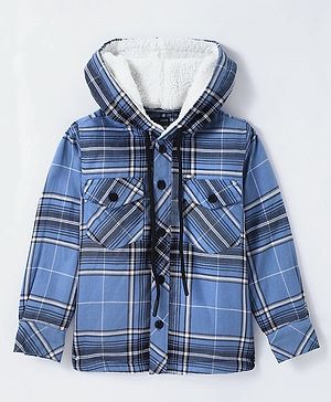 Noddy Cotton Full Sleeves Checked Hoodie - Light Blue