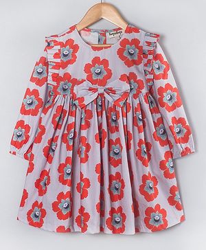 Hugsntugs Cotton Full Sleeves Floral Printed Dress - Grey & Red