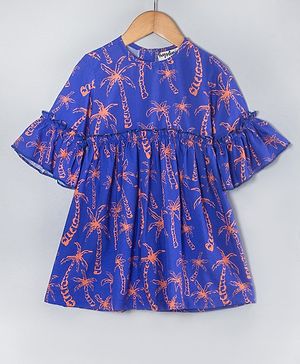 Hugsntugs Cotton Three Fourth Sleeves Beach Theme Printed Dress - Royal Blue