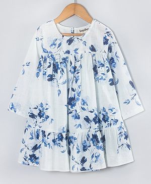 Hugsntugs Cotton Full Sleeves Floral Printed Dress - White