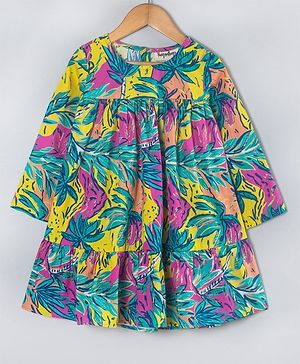 Hugsntugs Cotton Full Sleeves Leaves Printed Tiered Dress - Multi Colour