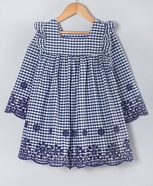 Hugsntugs Cotton Full Sleeves Floral Embroidered Checked Dress - Navy Blue