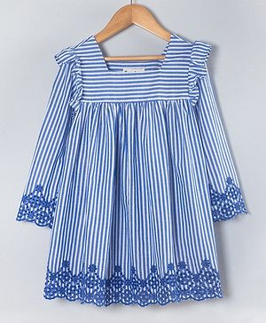 Hugsntugs Cotton Full Sleeves Floral Embroidered Striped Dress - Navy Blue