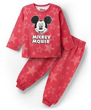 Babyhug Disney Single Jersey Knit  Full Sleeves Night Suit With Mickey Mouse Graphic - Red