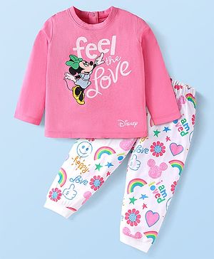 Babyhug Disney Single Jersey Knit Full Sleeves Night Suit With Minnie Mouse Graphics - Pink & White