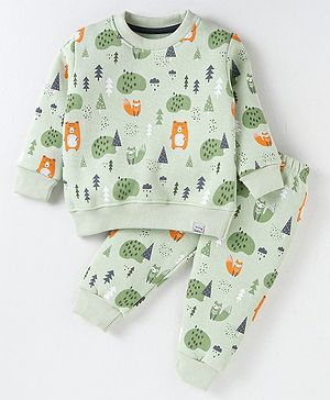 Teddy Fleece Knit Full Sleeves Winter Wear Sweatshirt & Lounge Pant Set with Jungle Theme Print - Light Green