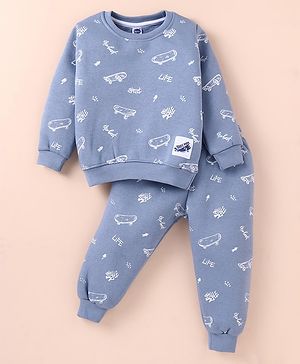 Teddy Fleece Knit Full Sleeves Winter Wear Co-Ord Set With Skateboards Print - Light Blue