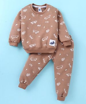 Teddy Fleece Knit Full Sleeves Winter Wear Co-Ord Set With Skateboards Print - Light Brown