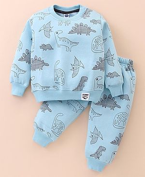 Teddy Fleece Knit Full Sleeves Winter Wear Sweatshirt & Lounge Pant Set With Dinosaurs Print - Light Blue