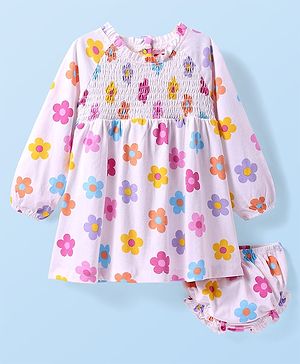 Babyhug Cotton Knit Full Raglan Sleeves Floral Printed Frock with Bloomer & Smocking Detailing - Pink