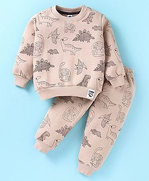 Teddy Fleece Knit Full Sleeves Winter Wear Co-Ord Set With Dinosaurs Print - Tan