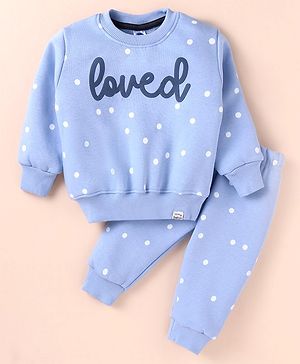 Teddy Fleece Knit Full Sleeves Winter Wear Sweatshirt & Lounge Pant Set with Text & Polka Dots Print - Light Blue