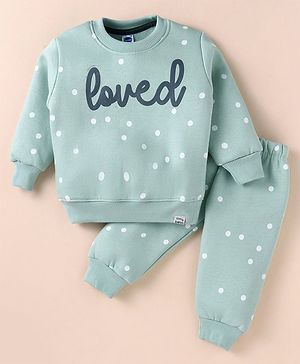 Teddy Fleece Knit Full Sleeves Winter Wear Sweatshirt & Lounge Pant Set with Text & Polka Dots Print - Light Green