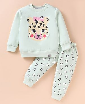 Teddy Fleece Knit Full Sleeves Winter Wear Sweatshirt & Lounge Pant Set With Hearts & Animal Print - Light Green