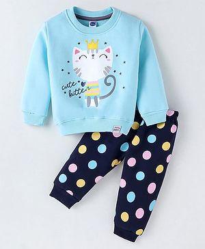 Teddy Fleece Knit Full Sleeves Winter Wear Sweatshirt & Joggers Set with Kitty & Polka Dots Print - Light Blue