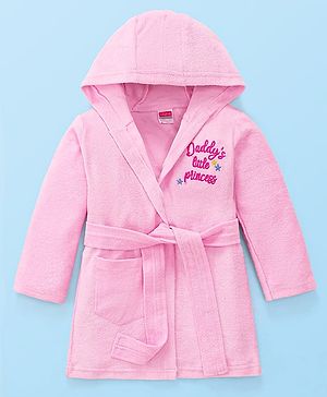 Babyhug Terry Knit Full Sleeve Hooded Bathrobe With Elastic At Waist & Text Embroidery - Pink