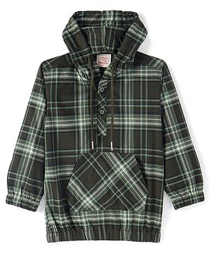 Rikidoos Cotton Full Sleeves Checked Hooded Sweatshirt - Green