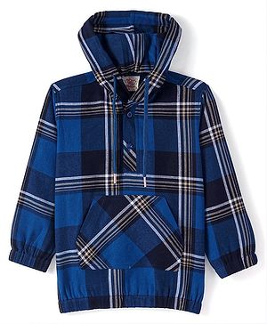 Rikidoos Cotton Full Sleeves Checked Hooded Sweatshirt - Navy Blue