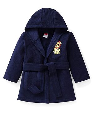 Babyhug Terry Knit Full Sleeve Hooded Bathrobe with Elastic at Waist & Lion Embroidery - Navy Blue