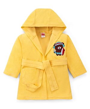Babyhug Cotton Knit Full Sleeves Hooded Bathrobe With Elastic At Waist & Bear Embroidery - Yellow